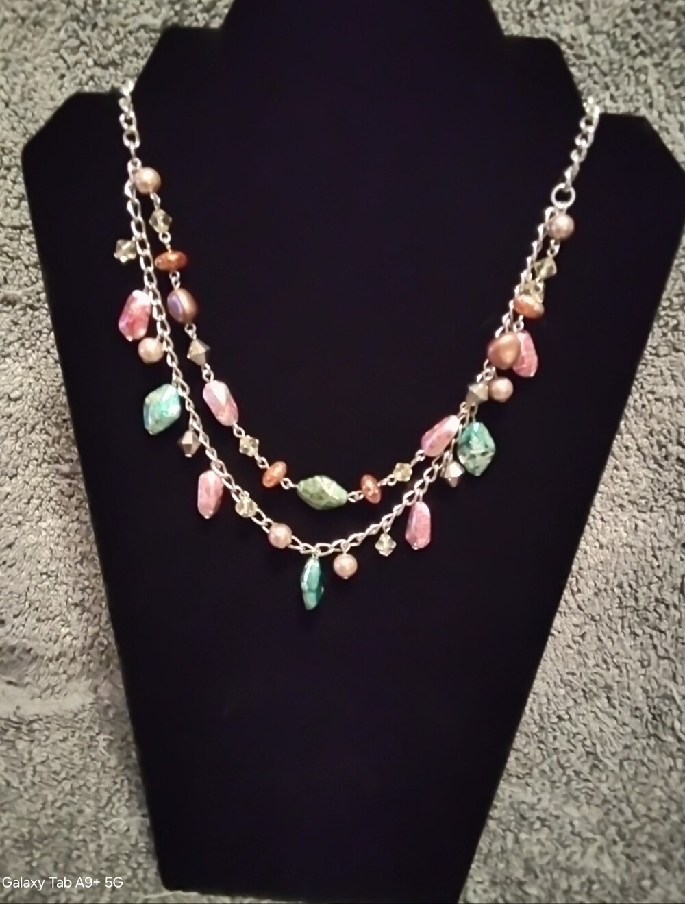 Quarts Pink And Green Silvertone Necklace
